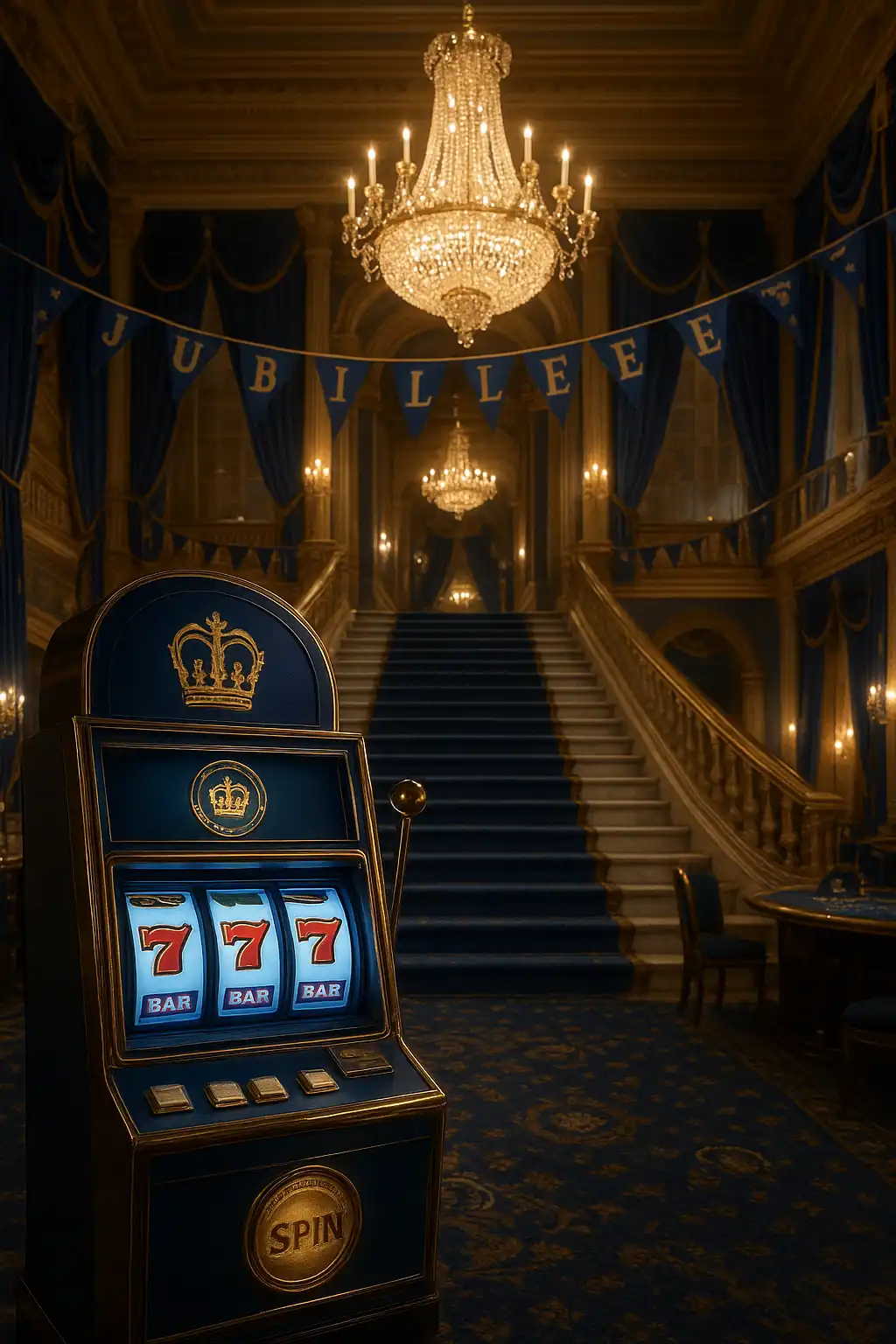 Grand Jubilee Hall casino floor with marble staircase, chandeliers and a golden slot machine