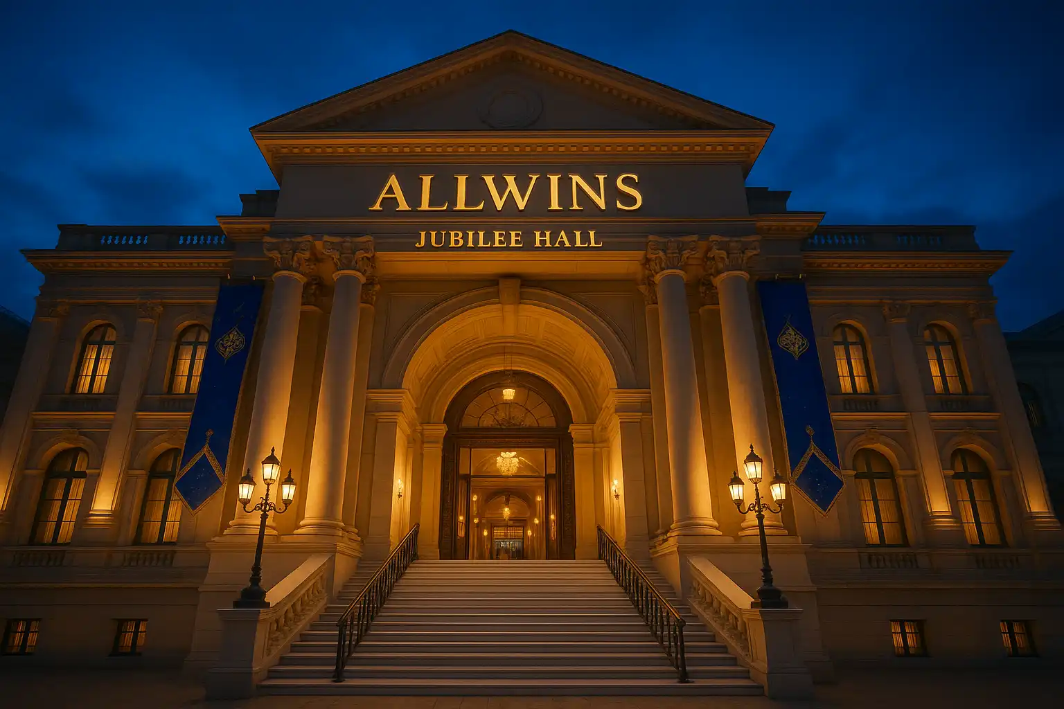 Grand marble staircase entrance of the AllWins Jubilee Hall casino building with festive banners