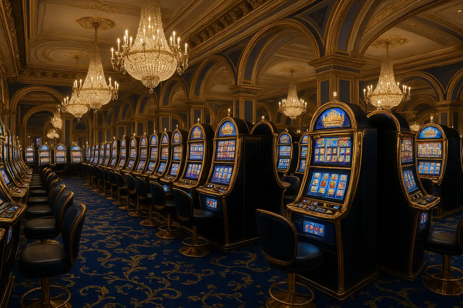 Elegant Jubilee Hall casino floor packed with refined slot machines under crystal chandeliers