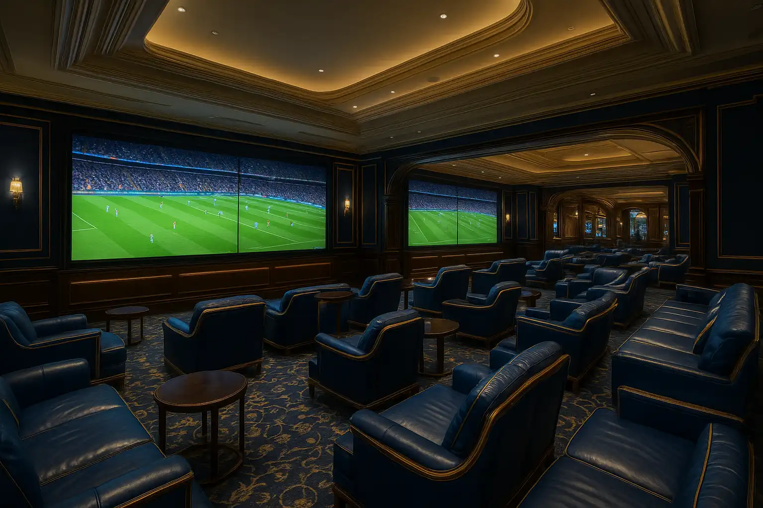 Elegant sportsbook lounge with large screens showing a football pitch inside the Jubilee Hall casino