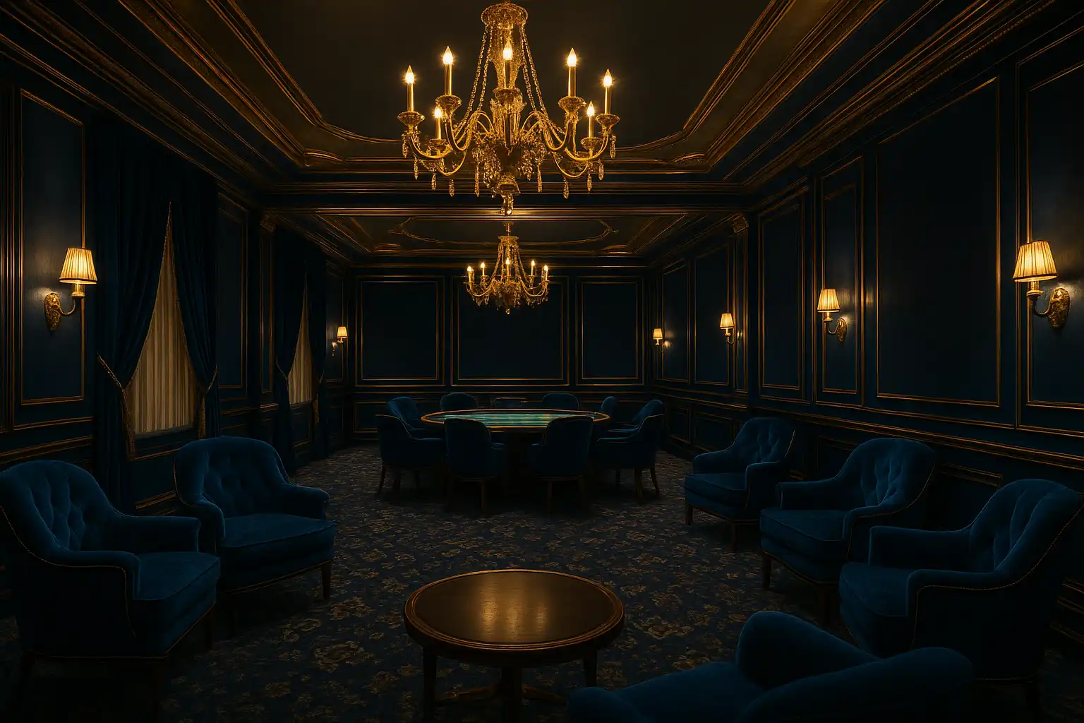 Exclusive VIP casino club room with velvet armchairs and gold chandeliers inside the Jubilee Hall