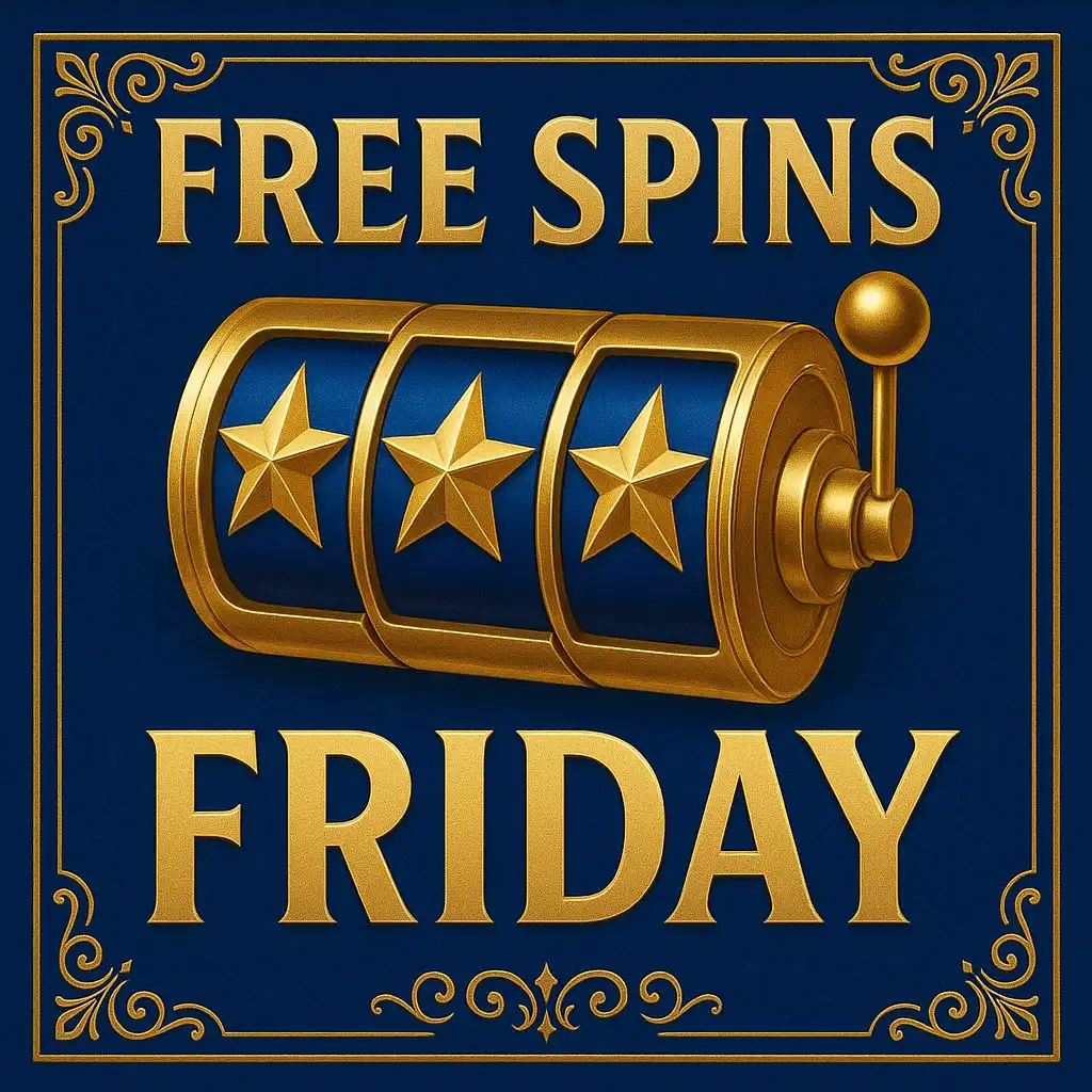 Golden slot reels with spinning stars for Free Spins Friday