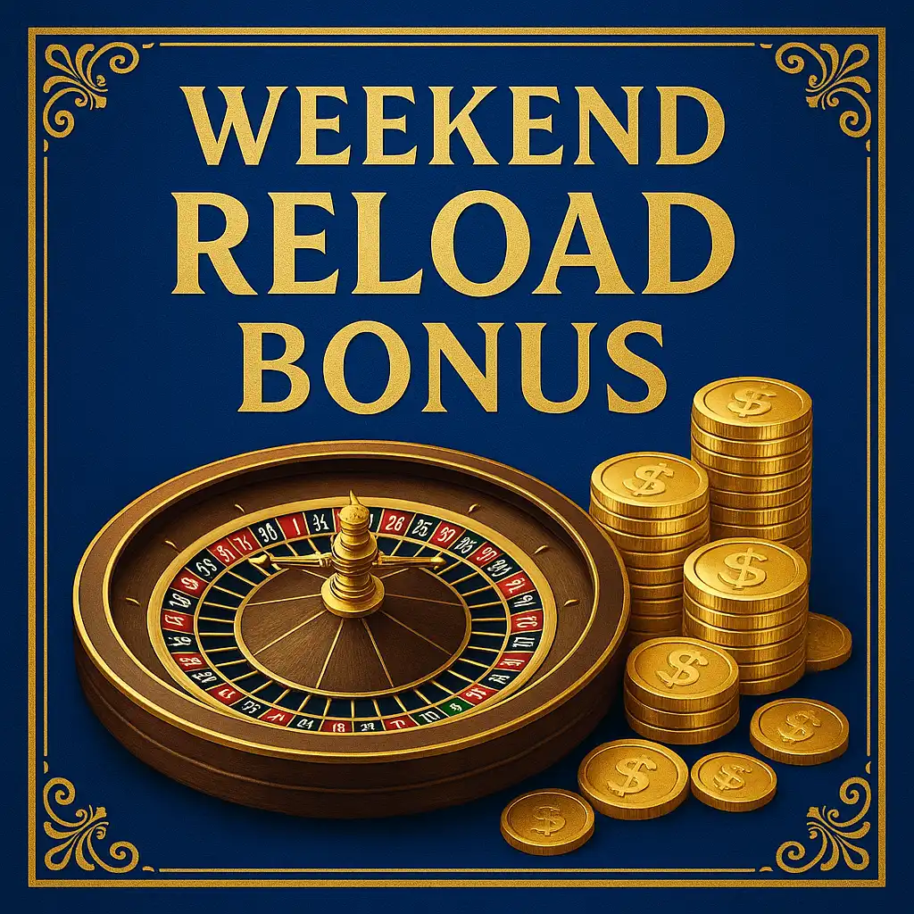 Golden coins and roulette wheel illustrating the weekend reload bonus